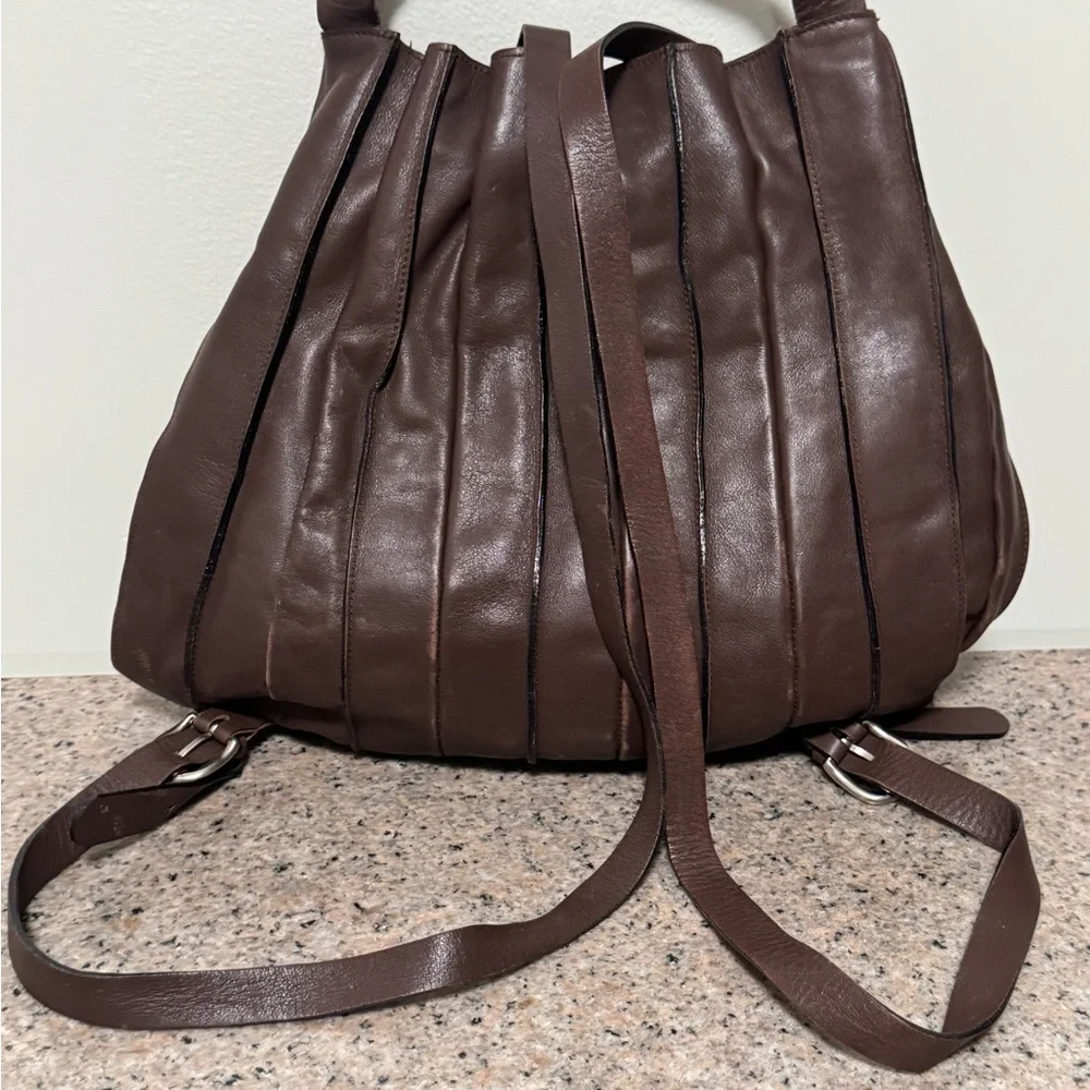 LUPO Barcelona Brown‎ Leather Pleated Backpack/ handbag
